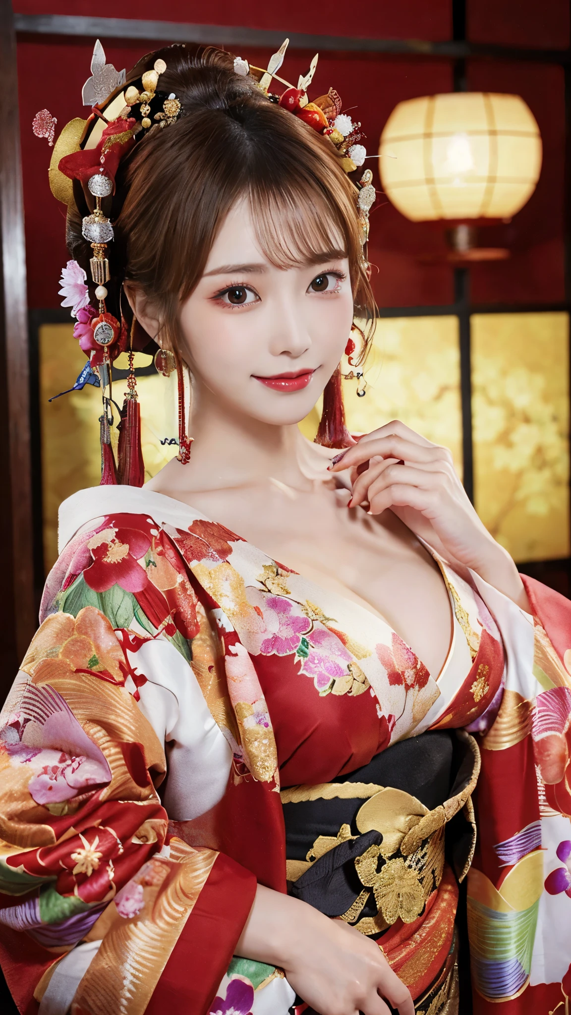 (Detailed skin:1.2),(Shiny skin:1.1),8K,Highest quality, masterpiece, Ultra-high resolution,(Realistic:1.4), RAW Photos,(Soft saturation:1.3),(Fair skin:1.2),Half-Japanese beauty,repair,20 years, Light brown hair, （Up-Hairstyles:1.2), Asymmetrical Hair, (Pretty face:1.4), (Large Breasts, Tight waist), Beautiful lighting, (Sexy Oiran:1.2,),Highly detailed face, Highly detailed lips, fine grain, double eyelid, （Sharp focus: 1.2）, （Perfect Anatomy),(Beautiful woman with perfect figure: 1.2）、Exposing cleavage、Random sexy poses，(Accentuate your leg lines:1.1)、kimono、Sharp Eyes,smile、Gorgeous hair ornament、Japanese style background