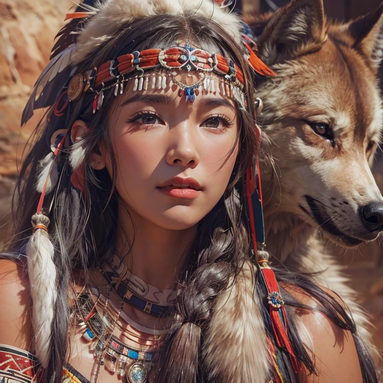 At the Grand Canyon、Hair flow、 ((Highest quality、masterpiece、8K、Best image quality、Ultra-high resolution、Award-winning works)、(Accurate anatomy:1.1)、(Look at me and smile:1.1)、Shining fair skin with Ultra-high resolution、The most detailed face、Ultra-high resolution detailed face、Ultra-high resolutionの髪の毛、(Ultra-high resolutionの煌めく瞳:1.1)、Beautiful face drawn in every detail、Native American Costume, American Indian Clothing, Chest to chest, tattoo、A real giant condor next to you。The wolf is watching