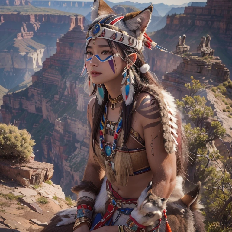 At the Grand Canyon、Hair flow、 ((Highest quality、masterpiece、8K、Best image quality、Ultra-high resolution、Award-winning works)、(Accurate anatomy:1.1)、(Look at me and smile:1.1)、Shining fair skin with Ultra-high resolution、The most detailed face、Ultra-high resolution detailed face、Ultra-high resolutionの髪の毛、(Ultra-high resolutionの煌めく瞳:1.1)、Beautiful face drawn in every detail、Native American Costume, American Indian Clothing, Chest to chest, tattoo、A real giant condor next to you。The wolf is watching