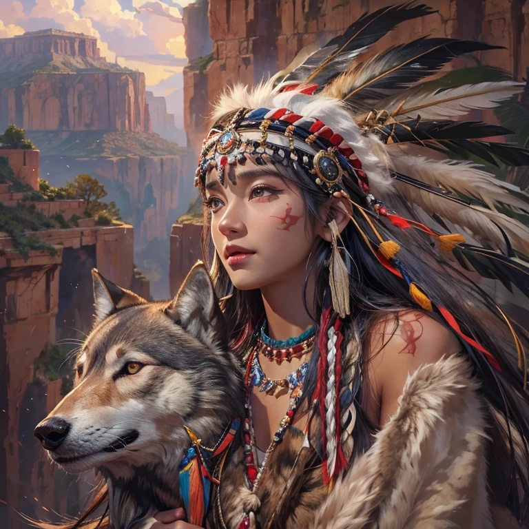 At the Grand Canyon、Hair flow、 ((Highest quality、masterpiece、8K、Best image quality、Ultra-high resolution、Award-winning works)、(Accurate anatomy:1.1)、(Look at me and smile:1.1)、Shining fair skin with Ultra-high resolution、The most detailed face、Ultra-high resolution detailed face、Ultra-high resolutionの髪の毛、(Ultra-high resolutionの煌めく瞳:1.1)、Beautiful face drawn in every detail、Native American Costume, American Indian Clothing, Chest to chest, tattoo、A real giant condor next to you。The wolf is watching