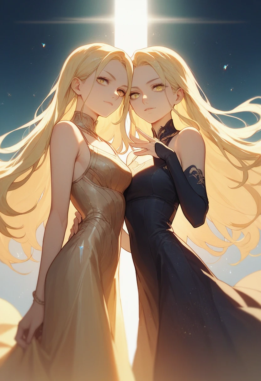 girl, Flowing golden blonde hair, Yellow Eyes, Golden Imperial Costume, Neckline, anime, In the background is a clear sky with sparkling lights, Dynamic Angle, Arrogant Laugh,daughter,dress,Put your hand on your cheek