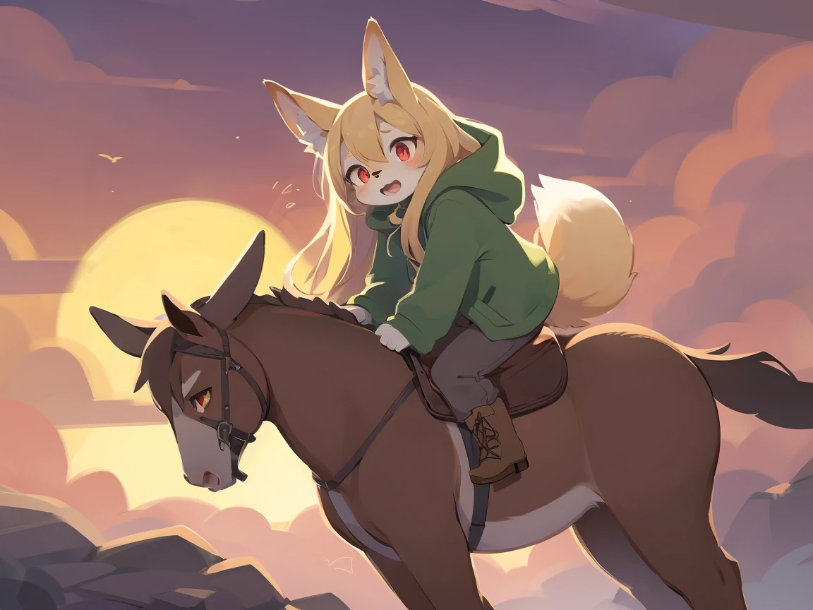 the fox, , was hairy, shaggy, skin fur, smooth lashes, golden fur, forelimb hands, straight long blonde hair, solid circle eyes, golden ears, golden fur, golden facial fur, shiny hair, red eyes, super cute face, 1fox tail, fluffy tail, furry tail, glowing eyes, green coat green hood down, brown trousers, riding unsaddled horse, open mouth, embarrassed, ambient light, ultra-fine fur, dashed eyes, full body, masterpiece, high quality, high-details, best quality, wide short, (((solo))), twilight, sun light, red sky, rim light