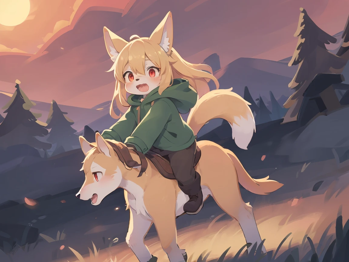 the fox, , was hairy, shaggy, skin fur, smooth lashes, golden fur, forelimb hands, straight long blonde hair, solid circle eyes, golden ears, golden fur, golden facial fur, shiny hair, red eyes, super cute face, 1fox tail, fluffy tail, furry tail, glowing eyes, green coat green hood down, brown trousers, riding unsaddled horse, open mouth, embarrassed, ambient light, ultra-fine fur, dashed eyes, full body, masterpiece, high quality, high-details, best quality, wide short, (((solo))), twilight, sun light, red sky, rim light
