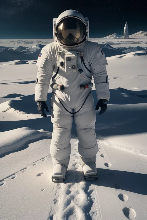 1man, Art Nouveau Style, heavy ink lines,Low angle , floor , Daytime lighting in a frozen environment, floor com neve, astronaut wearing space suit is walking on the ice planet and observes something impressed by an alien structure , full body photography full body image. Environment overview. He is accompanied by a terrestrial exploration robot.. Full body photography Full body photography different angles of the image. Different image angles , view from the top of the mountain