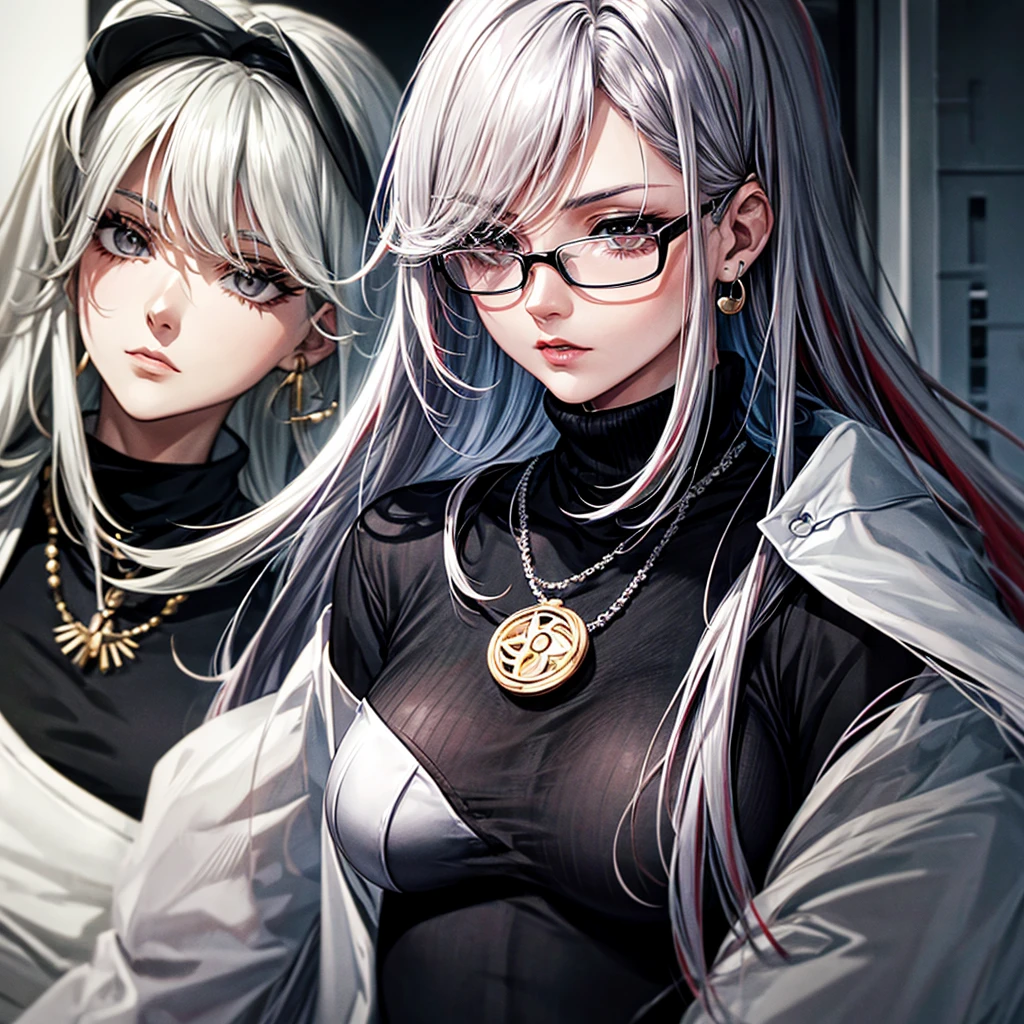 screenshot, screencap, Manga GL Style, facial features of an adult, Black eyes, adult, female, White, She wears flat Oakley glasses, she has long wavy Black hair with Red streaks at the ends, she has a little eyeliner on her eyelashes, She wears accessories such as: earrings, necklaces all silver, she has a neutral expression, She wears a black polyester turtleneck. mature facial features, and big bust, face of mature woman, old woman