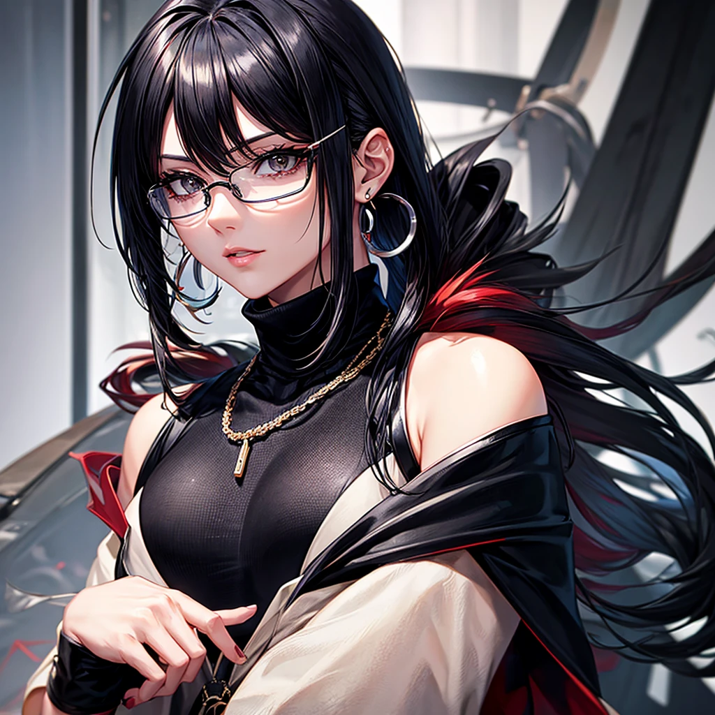 screenshot, screencap, Manga GL Style, facial features of an adult, Black eyes, adult, female, White, She wears flat Oakley glasses, she has long wavy Black hair with Red streaks at the ends, she has a little eyeliner on her eyelashes, She wears accessories such as: earrings, necklaces all silver, she has a neutral expression, She wears a black polyester turtleneck. mature facial features, and big bust, face of mature woman, old woman