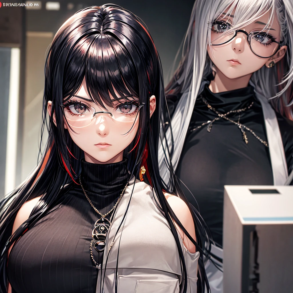 screenshot, screencap, Manga GL Style, facial features of an adult, Black eyes, adult, female, White, She wears flat Oakley glasses, she has long wavy Black hair with Red streaks at the ends, she has a little eyeliner on her eyelashes, She wears accessories such as: earrings, necklaces all silver, she has a neutral expression, She wears a black polyester turtleneck. mature facial features, and big bust, face of mature woman, old woman