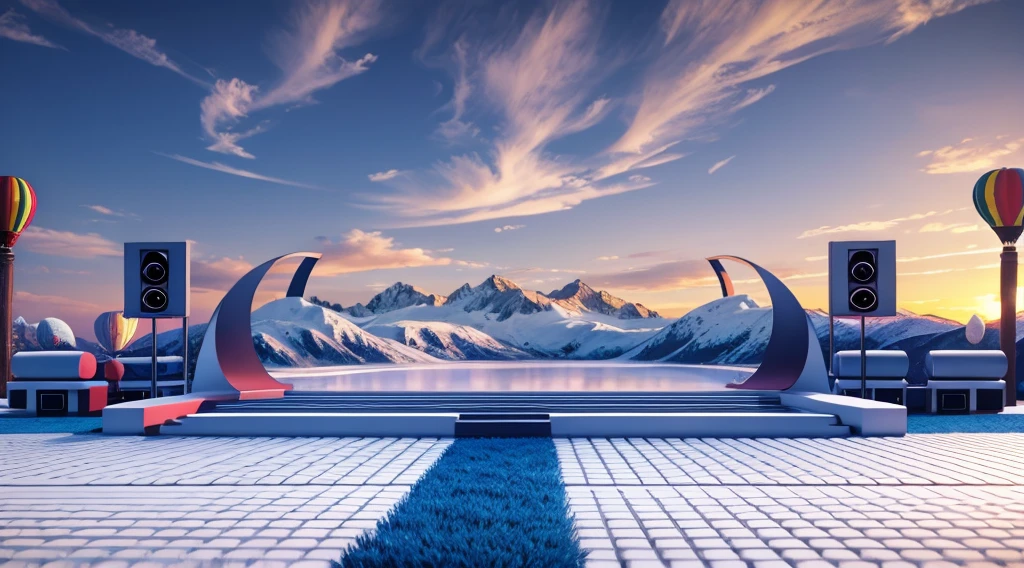 masterpiece，C4D，OC Renderer，high quality，Bright hues，Outdoor event stage design 3D rendering, Tibet, LED screen, two red podiums and blue seats, Grass, chairs, mountains, hot air balloon, snow, mountains, white, panoramic view