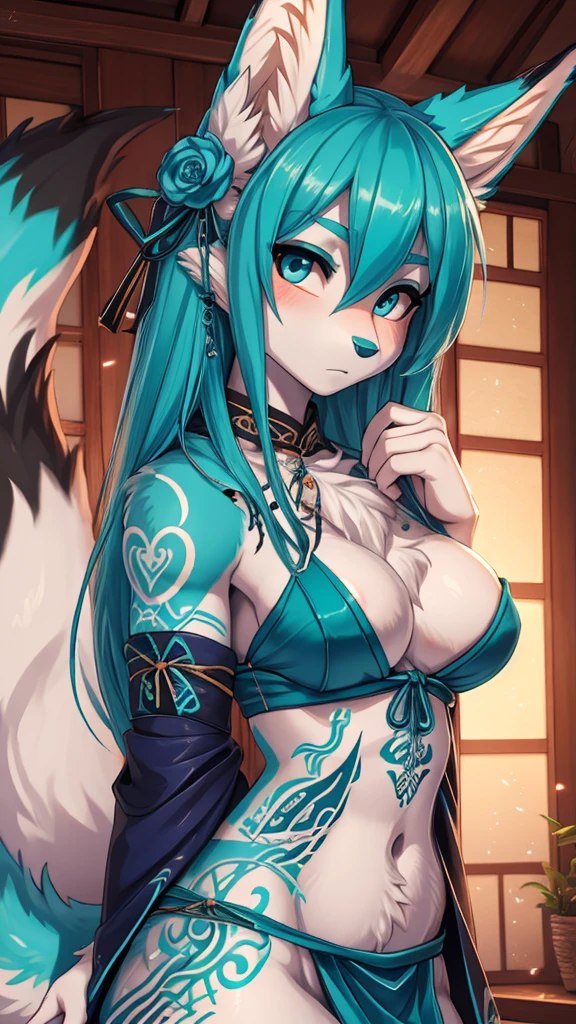 Miku Hatsune, agregar alta definición_detalle:1, pelaje azul,Orejas de Kitsune, japanesse tattoo art agregar_detalle:1, brazos al aire, japanese samuray costume add_detail"1