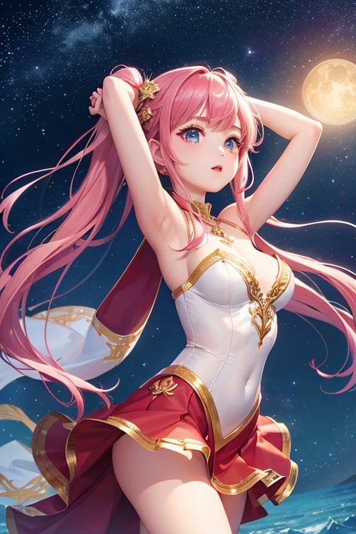 Highest quality、Highest quality、Masterpiece、woman1people、Red shiny decollete dress、Golden embroidery、Frill mini skirt dress、Perfect body line、Adorable poses、Realistic、Glowing Skin、Groomed eyebrows、Pink Lips、Blue Eyes、Twin tails、Pink Hair、delicate、Shiny Hair、detailed、Skirt in the wind、White frills、The background is the starry sky and the sea