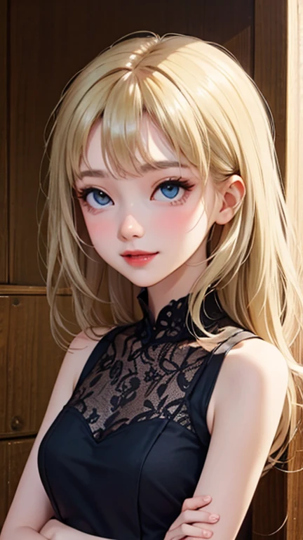 blush a little and smile, (Top quality masterpiece:1.2) Delicate illustrations, Very detailed, /Beautiful Japanese Women、1 person,Very cute and slim、Great style 、((8K images、super high quality))、Very delicate face, Skin and Hair、beautifule forehead、Red lipstick、(((((Mid-length hair、Blonde、lure))))),Very cute Japanese cut face、Eyes and nose are clearly visible、Kind eyes,((((Sleeveless fashion))))