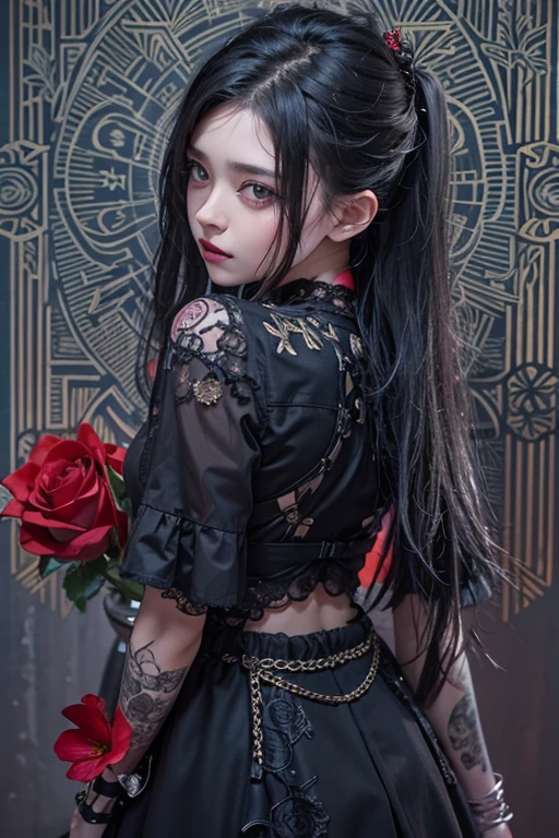 Highest quality、、masterpiece:1.3、Gothic Punk、Red on the inside、Gray Black Hair、hair ornaments、beautiful girl、creative、Punk Shirt、Neogoth、Goth Fashion:1.2、High resolution、masterpiece、Highest quality、頭w:1.3、((Hasselblad Photos))、Fine skin、Sharp focus、(Cinema Lighting)、Explore Tokyo、Night city behind the neon lights, Forehead open, 19 years old、Petting、Hair back、Shoulder Bare、Small red rose tattoo on the décolletage