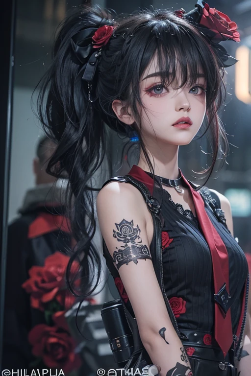 Highest quality、、masterpiece:1.3、Gothic Punk、Red on the inside、Gray Black Hair、hair ornaments、beautiful girl、creative、Punk Shirt、Neogoth、Goth Fashion:1.2、High resolution、masterpiece、Highest quality、頭w:1.3、((Hasselblad Photos))、Fine skin、Sharp focus、(Cinema Lighting)、Explore Tokyo、Night city behind the neon lights, Forehead open, 19 years old、Petting、Hair back、Shoulder Bare、Small red rose tattoo on the décolletage