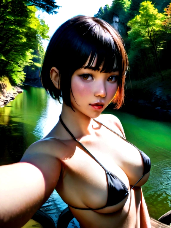 Realistic Photography, Beautiful Young Female ,Short hair ,river, extremely delicate and beautiful},Outstanding light and shadow, highly detailed wallpaper,Clear and bright sunlight, taking a selfie, micro bikini