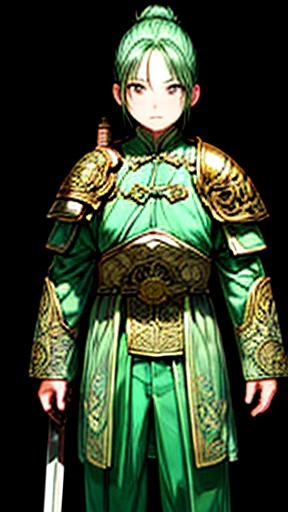 （Lightning affects the atmosphere, HD lighting and darkness )<=(Great image quality)Dark atmosphere with bright particle lights(Many effects in the background)<=(Great image quality)Dark atmosphere with bright particle lights(Many effects in the background),Oriental、Men in ancient Chinese costumes、(ancient chinese hairstyle male)、As seen in the Romance of the Three Kingdoms々military commander、Highest quality、masterpiece、Ultra-high resolution、(Realistic:1.4)、Game Poster、Crisp and beautiful image quality、Embroidered cloth wrapped around a topknot、whole body ,(green metal armor, metal dragon head on the shoulder, Holding a sword, (Skin of color, ), (green metal armor with intricate pattern:1.2), gloves, Long trousers, (Very detailed, bloom:1.5), (Highest quality, Concept Art, 4K), (analog:1.2), (high sharpness), (Detailed pupil:1.1), (Painting:1.1), (digital Painting:1.1), Detailed face and eyes, masterpiece, Highest quality, (Very detailed写真:1.1), 8K, photoRealistic, (PurerosFace_v1:0.2), [:(Detailed face:1.2):0.2], sharp, Realistic, Realistic Shadow, 