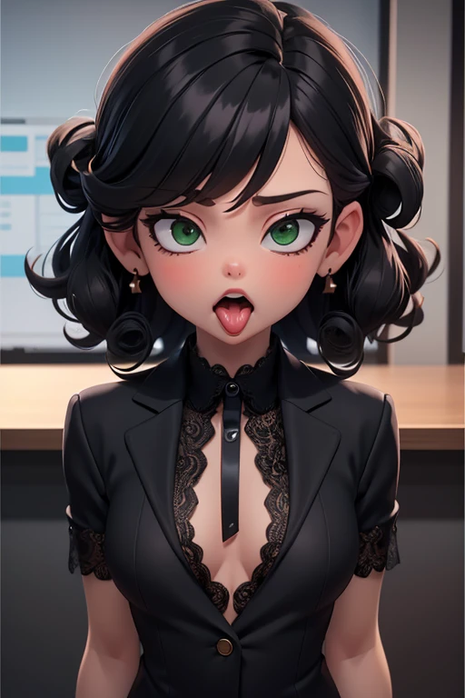 8k, best quality, masterpiece, highly detailed, tiny girl (petite, flat chest), black hair, green eyes, curly hair, red lipstick, in sheer lace black tight business suit, visible nipples, visible areola, office background, rolling eyes, open mouth, tongue out