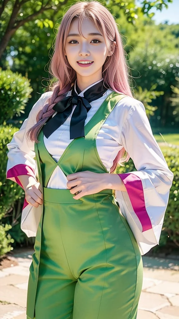 Highest quality, 8K, Very detailed, Realistic, Masseter muscle area, Highest quality, Ultra-high resolution, Highest quality, Anime Style, Best lighting, Beautiful Face, masterpiece, 8K, high resolution, High pixel count, 1 female, 1 Girl,alone, Pink and green gradient hair, Yellow Eyes, Big smile, Esbian all over, (Focus on the face:1.1), Look forward, Wear a uniform, Village Background, Rural Village, Upper Body, (white haori:1.2), (Small breasts:1.1 Green tights, Open the chest, The Face of Japan, 17 years old