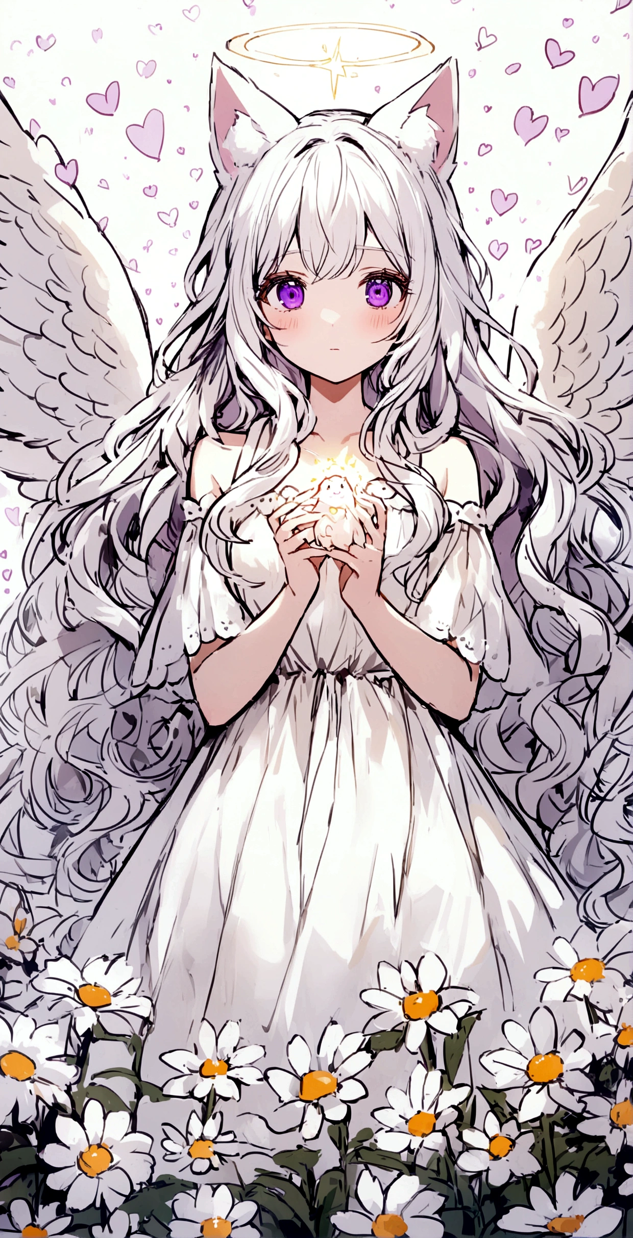 smile,Long Wavy Hair,White hair is very attractive, Detailed and precise manual work, Attractive girl, White cat ears,Purple eyes and white eyelashes,light in your eyes,Big angel wings,A subject that stands out in a flower field, Petals fluttering,White delicate dress, Hand-drawn illustration