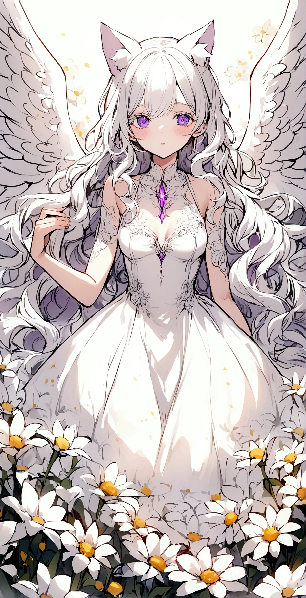 Embarrassing,Long Wavy Hair,White hair is very attractive, Detailed and precise manual work, Attractive girl, White cat ears,Purple eyes and white eyelashes,light in your eyes,Big angel wings,A subject that stands out in a flower field, White delicate dress, Hand-drawn illustration