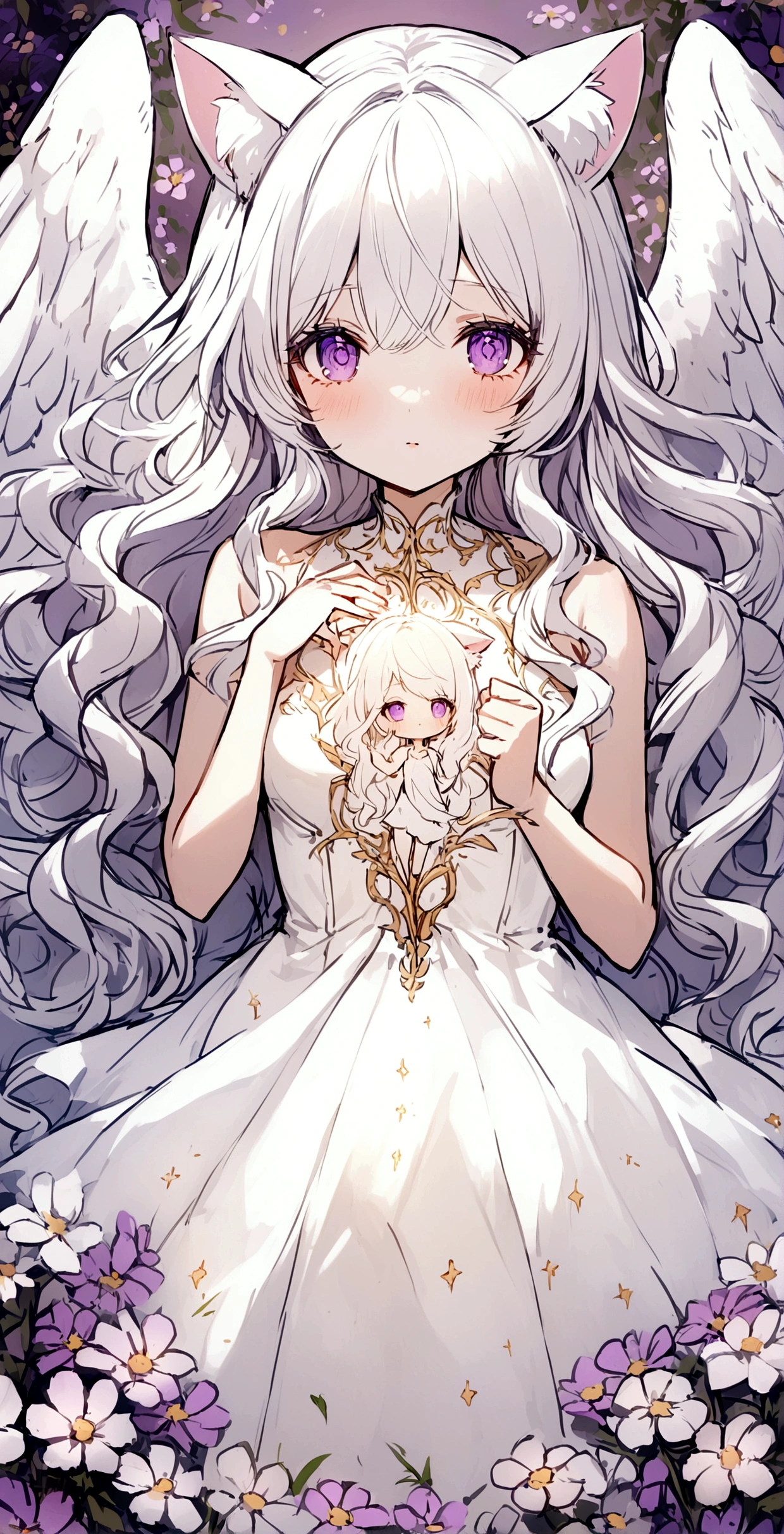 Embarrassing,Long Wavy Hair,White hair is very attractive, Detailed and precise manual work, Attractive girl, White cat ears,Purple eyes and white eyelashes,light in your eyes,Big angel wings,A subject that stands out in a flower field, White delicate dress, Hand-drawn illustration