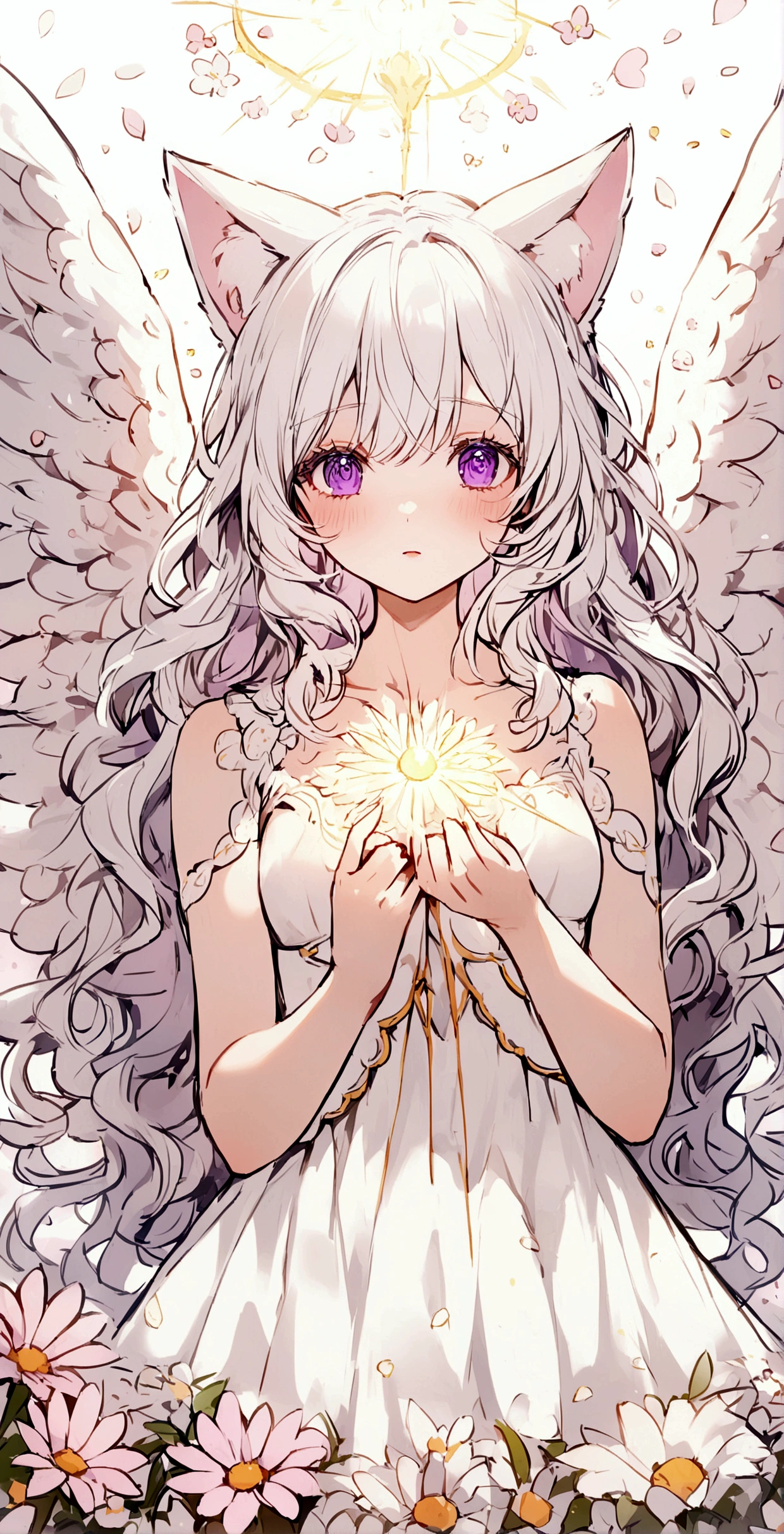 Embarrassing,Long Wavy Hair,White hair is very attractive, Detailed and precise manual work, Attractive girl, White cat ears,Purple eyes and white eyelashes,light in your eyes,Big angel wings,A subject that stands out in a flower field, White delicate dress, Hand-drawn illustration