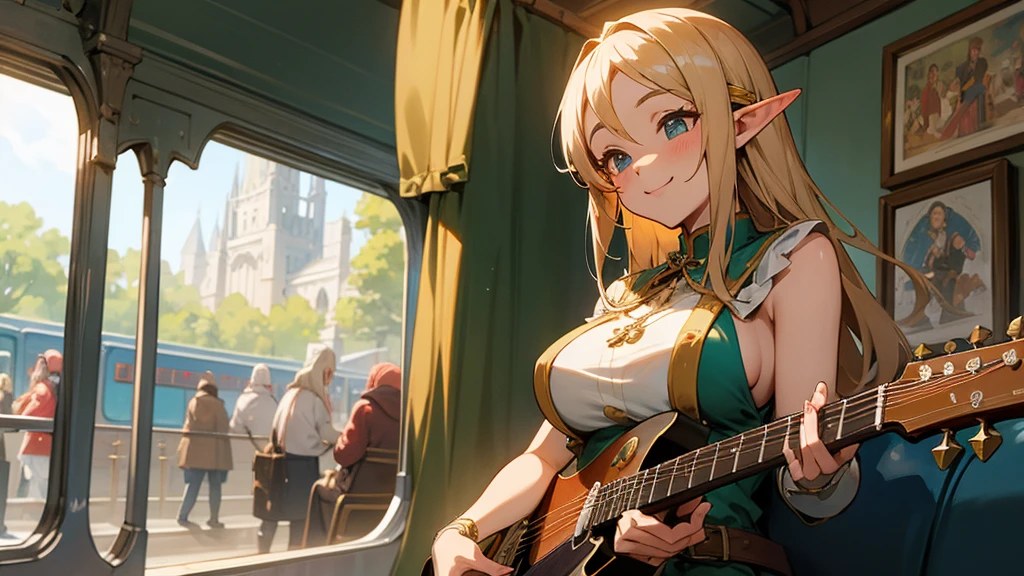 Anime Style,Nostalgic,Detailed background,The medieval world,A busy train with lots of people,Smiling bard beautiful elf girl,guitar,Large Breasts,Underarm