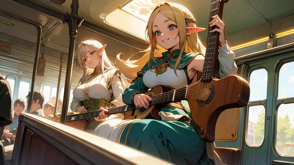 Anime Style,Nostalgic,Detailed background,The medieval world,A busy train with lots of people,Smiling bard beautiful elf girl,guitar,Large Breasts,Underarm