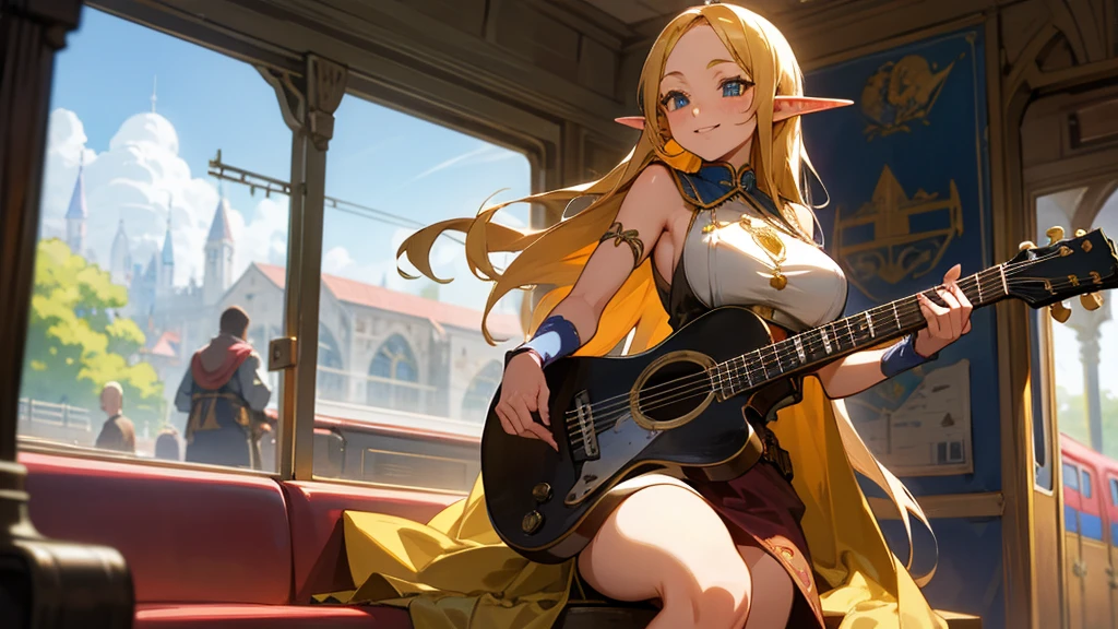 Anime Style,Nostalgic,Detailed background,The medieval world,A busy train with lots of people,Smiling bard beautiful elf girl,guitar,Large Breasts,Underarm
