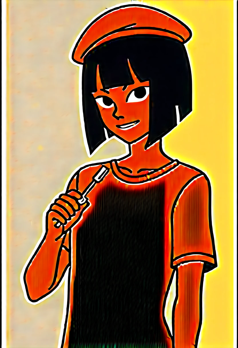 (high-resolution illustration 1.3), young female artist, (plain black T-shirt without text 1.2), (short black bob cut), (large clear eyes 1.1), (white beret hat 1.2), (large brushes 1.2), (green ink on brush tips 1.3), slim figure, (dynamic pose 1.2), (artistic 1.3), youthful, creative, energetic, (monochrome base with green accents 1.3), (contrast between black and white 1.2), casual, lively, (upper body only 1.3), (centered in image), (plain white background 1.1), clean lines, (clear details 1.2), (smiling expression 1.2), (looking directly at camera 1.4), (face clearly visible and detailed 1.4), (holding large brushes in both hands 1.2), (brushes held away from face 1.3), (distinct facial features 1.3), (vibrant green brush tips 1.3), (eye contact with viewer 1.4), (front-facing portrait 1.3), (brushes not overlapping with face 1.3)
