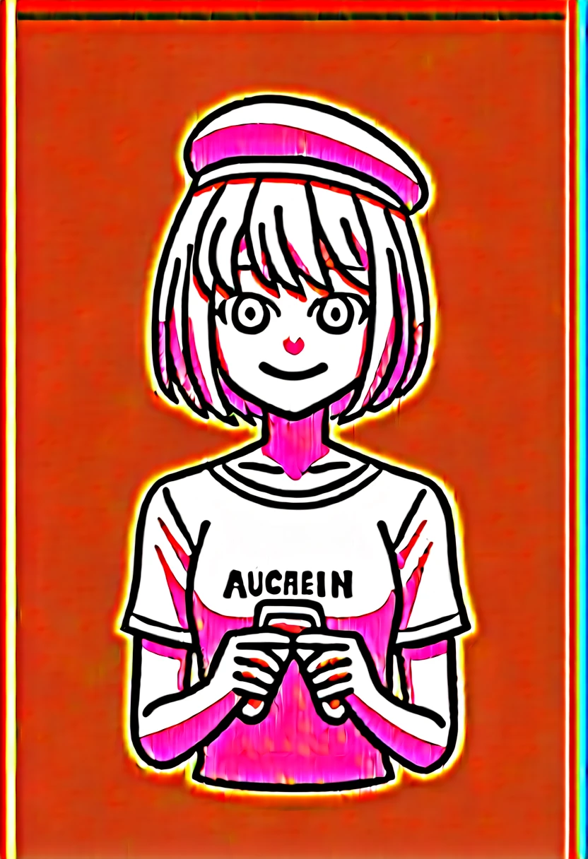 (high-resolution illustration 1.3), young female artist, (plain black T-shirt without text 1.2), (short black bob cut), (large clear eyes 1.1), (white beret hat 1.2), (large brushes 1.2), (green ink on brush tips 1.3), slim figure, (dynamic pose 1.2), (artistic 1.3), youthful, creative, energetic, (monochrome base with green accents 1.3), (contrast between black and white 1.2), casual, lively, (upper body only 1.3), (centered in image), (plain white background 1.1), clean lines, (clear details 1.2), (smiling expression 1.2), (looking directly at camera 1.4), (face clearly visible and detailed 1.4), (holding large brushes in both hands 1.2), (brushes held away from face 1.3), (distinct facial features 1.3), (vibrant green brush tips 1.3), (eye contact with viewer 1.4), (front-facing portrait 1.3), (brushes not overlapping with face 1.3)