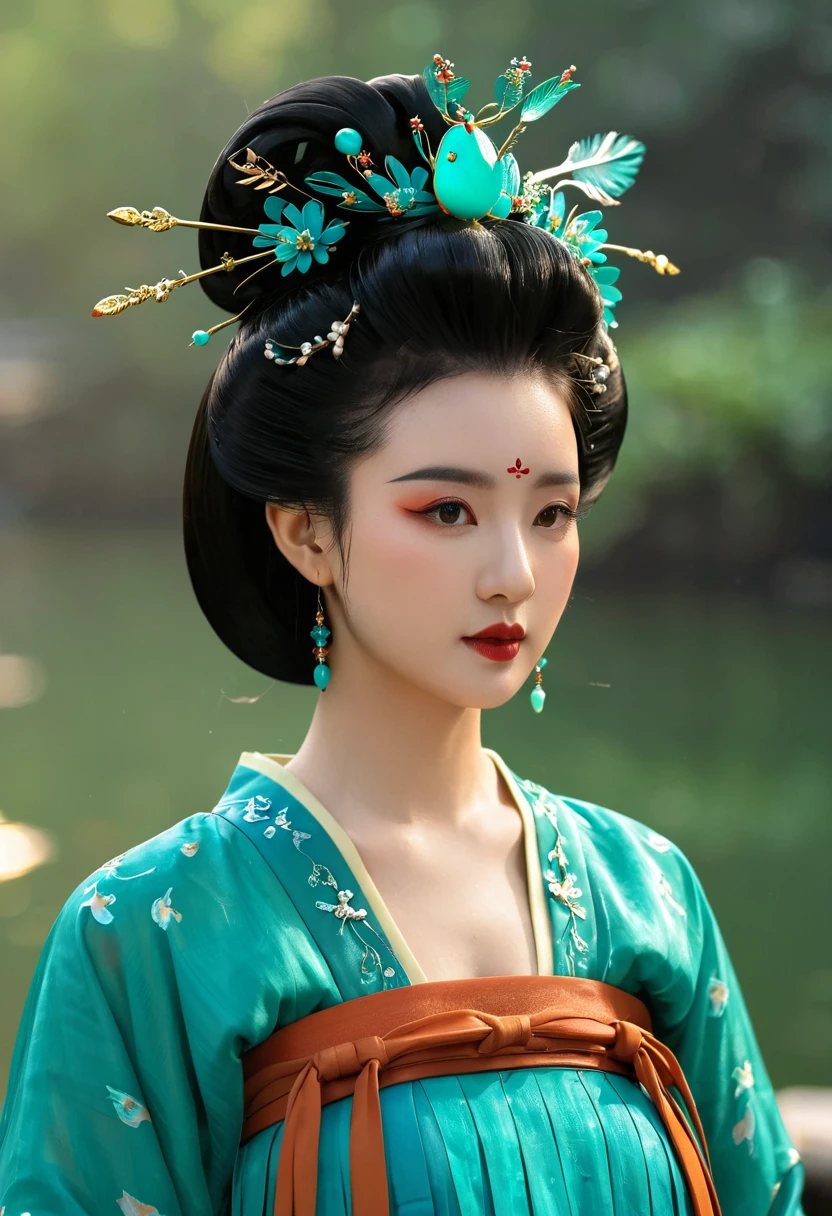 1 girl wearing traditional blue-green kingfisher feather Hanfu , Accessorize，High bun，Wear a blue-green kingfisher feather hair accessory. turquoise。 Ultra HD, masterpiece, best quality, high resolution, Natural light, Professional photography,