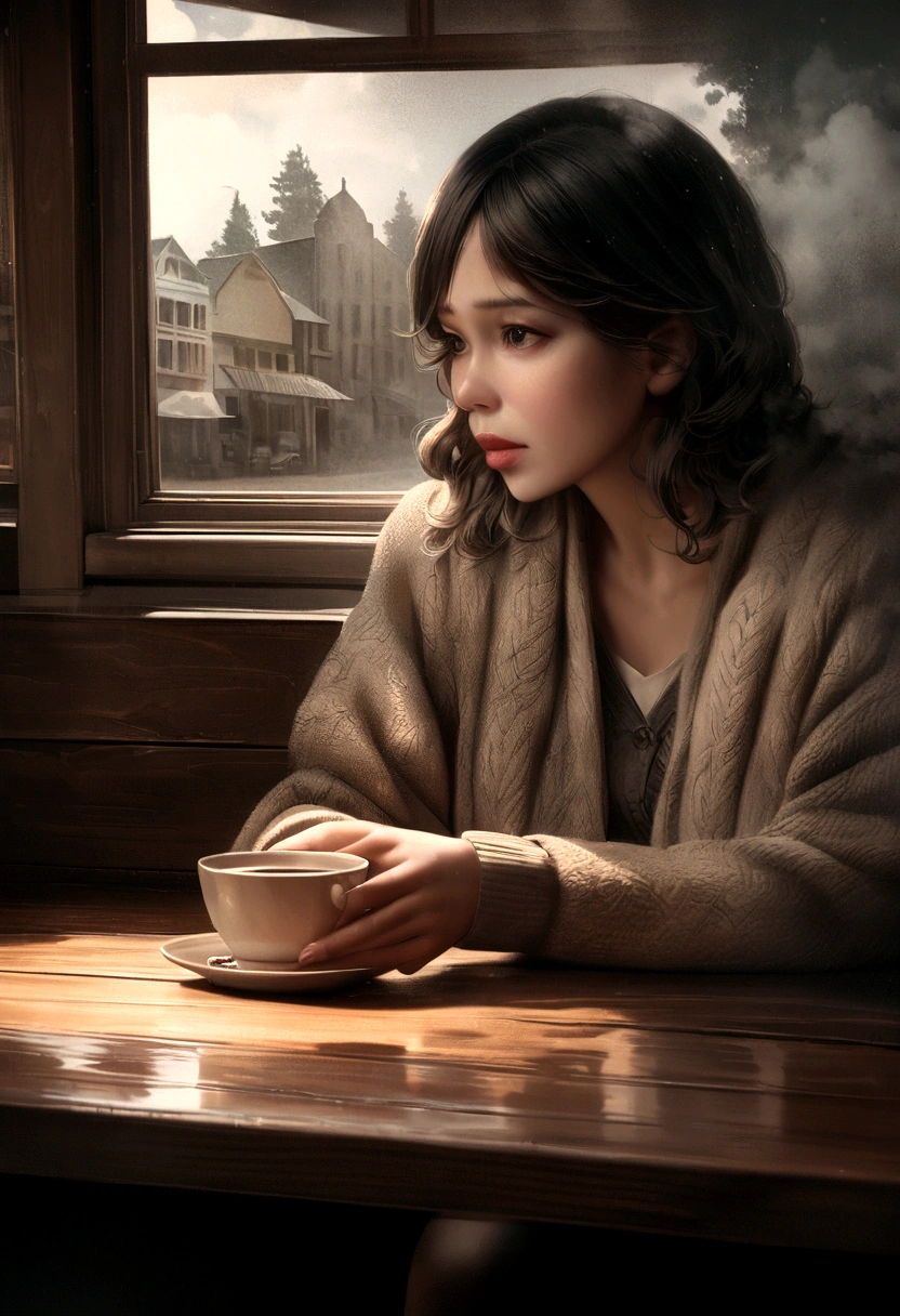 melancholy double exposure image by blending together a [heavy rainstorm] and a [cozy cafe interior]. The [heavy rainstorm] should serve as the underlying backdrop, with its details subtly incorporated into the [warm, inviting cafe scene], sharp focus, double exposure, [vintage cafe furniture], ([steaming coffee cups on wooden tables]) ([raindrops streaking down windows]) moody, somber, [muted earth tones], nostalgia, intricate design, hyper realistic, high definition, extremely detailed, dark softbox image, raytracing, cinematic, HDR, photorealistic (double exposure:1.1)