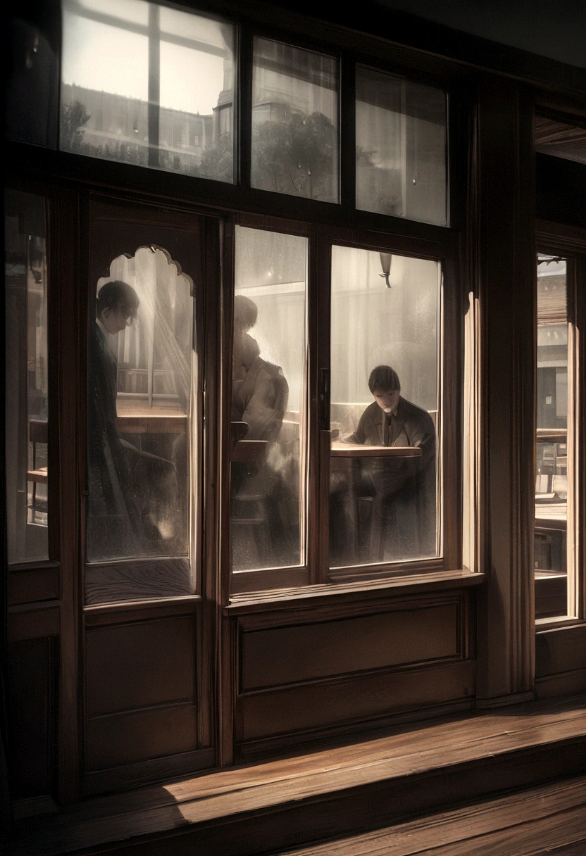 melancholy double exposure image by blending together a [heavy rainstorm] and a [cozy cafe interior]. The [heavy rainstorm] should serve as the underlying backdrop, with its details subtly incorporated into the [warm, inviting cafe scene], sharp focus, double exposure, [vintage cafe furniture], ([steaming coffee cups on wooden tables]) ([raindrops streaking down windows]) moody, somber, [muted earth tones], nostalgia, intricate design, hyper realistic, high definition, extremely detailed, dark softbox image, raytracing, cinematic, HDR, photorealistic (double exposure:1.1)