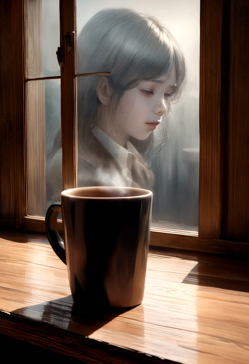 melancholy double exposure image by blending together a [heavy rainstorm] and a [cozy cafe interior]. The [heavy rainstorm] should serve as the underlying backdrop, with its details subtly incorporated into the [warm, inviting cafe scene], sharp focus, double exposure, [vintage cafe furniture], ([steaming coffee cups on wooden tables]) ([raindrops streaking down windows]) moody, somber, [muted earth tones], nostalgia, intricate design, hyper realistic, high definition, extremely detailed, dark softbox image, raytracing, cinematic, HDR, photorealistic (double exposure:1.1)