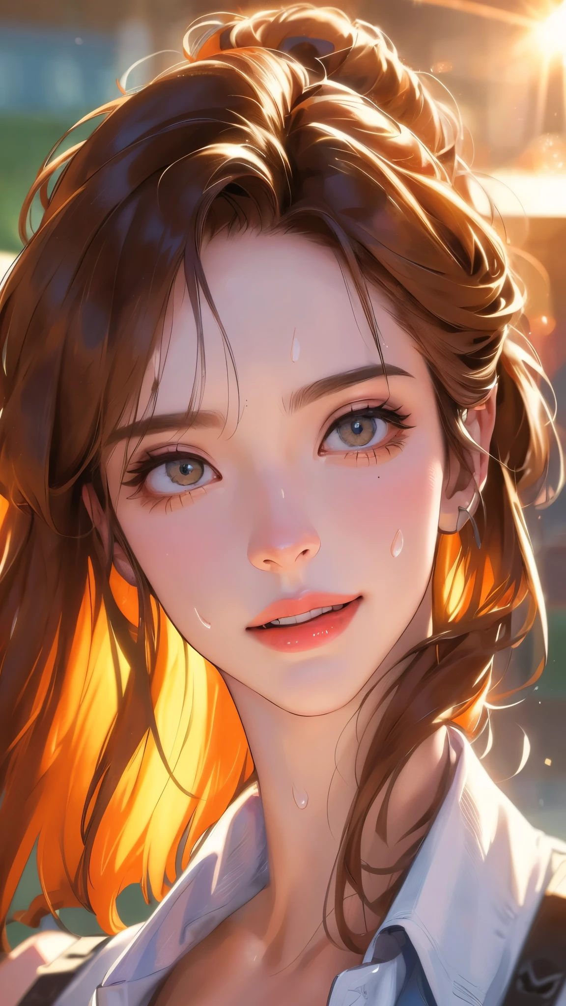 ((((masterpiece, best quality, high resolution)))), Extremely detailed 8K, 1 female, wearing a worn out cowboy outfit, (Ultra HD, Ultra-detailed, Highly detailed, Highly realistic, Ultra-realistic, photograph realistic), (1girl:1.5), (Realistic brown hair), (dynamic poses), facing at camera, looking at viewer, (smiling face), (hazel eyes, sharp eyes), (perky breasts:1.2), (beautiful detailed face, beautiful detailed eyes), sweat, glow, (sunbeam, sunlight), western scene, seductive, EnvyBetterHands LoCon,