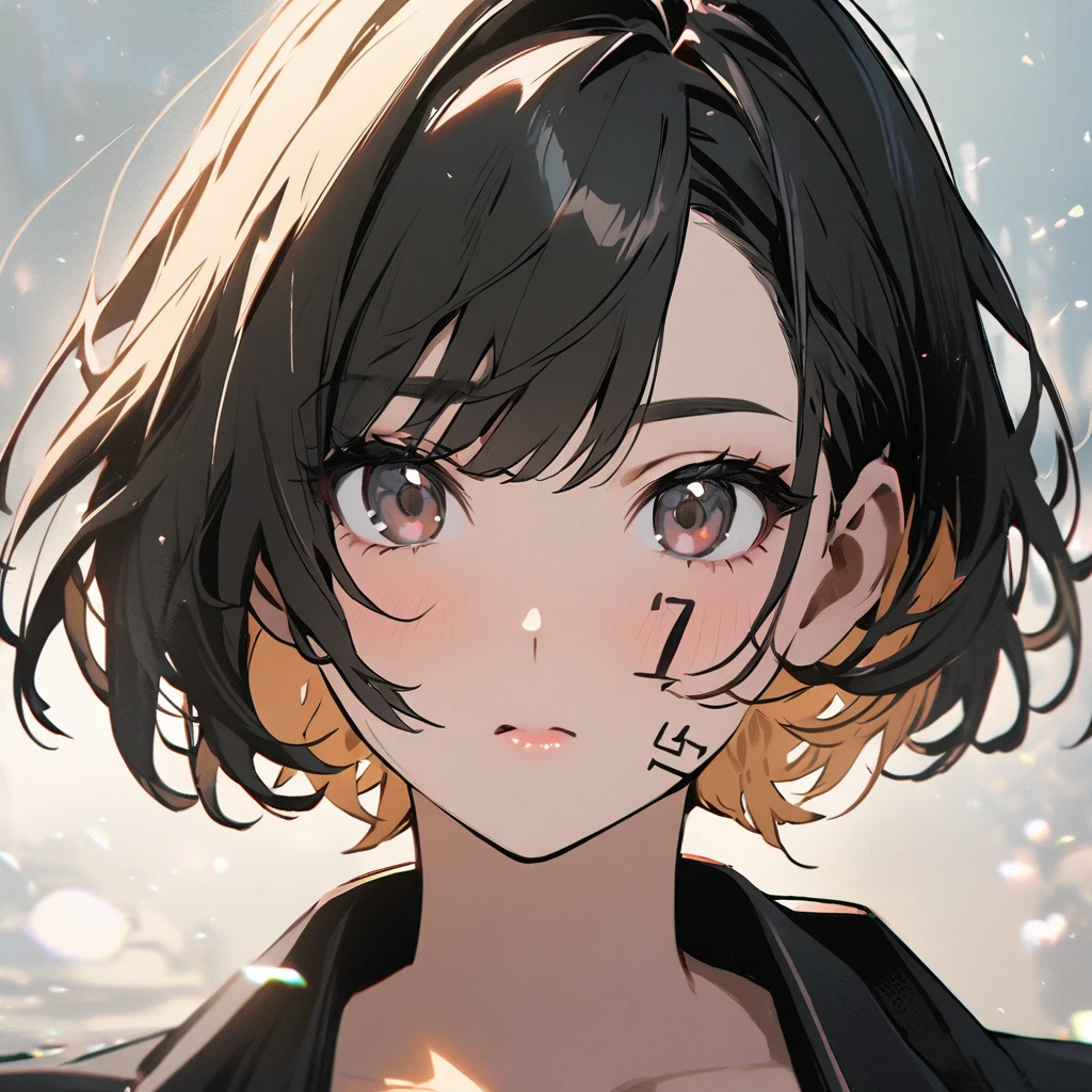 one girls portrait,cool and beauty,("007" on the Cheek),The numbers that appear on the cheeks,wearing black suit,short hair