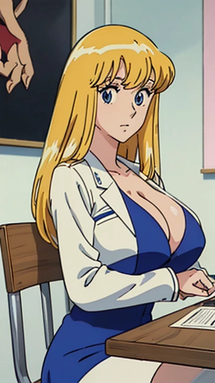 (Anime cel style, masterpiece, Highest quality, High resolution, Anime Color, Megami Magazine:1.2, Anime poster style, Anime key visual, sharp, 8K, Realistic),
 (Beautiful Eyes:1.5), 

Reiko_iwife,

 One girl, 

Blonde, Long Hair, (Huge saggy breasts), (Beautiful Nudes), Cleavage, (Upper Body, Sitting), 
(Perfectly detailed anatomy, Perfect Arms, Perfect Fingers, Beautiful Face, Perfect body, Shiny skin),

police box,Police Department,office,indoor,

(Black one piece dress), (White transparent jacket),