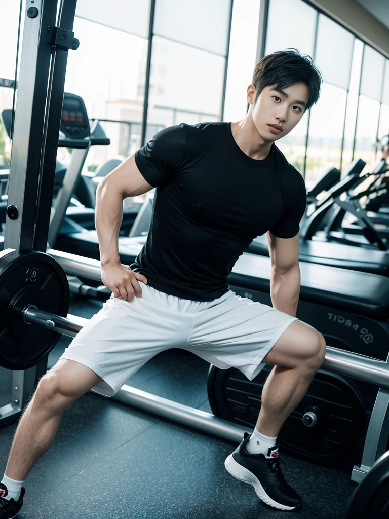 Korean man, Inspiration from Peng Yuyan, 30 years old, 236 years old, Cute Korean Face, 35 yo, 33 year old Korean muscular man，Gym in the background, black t-shirt