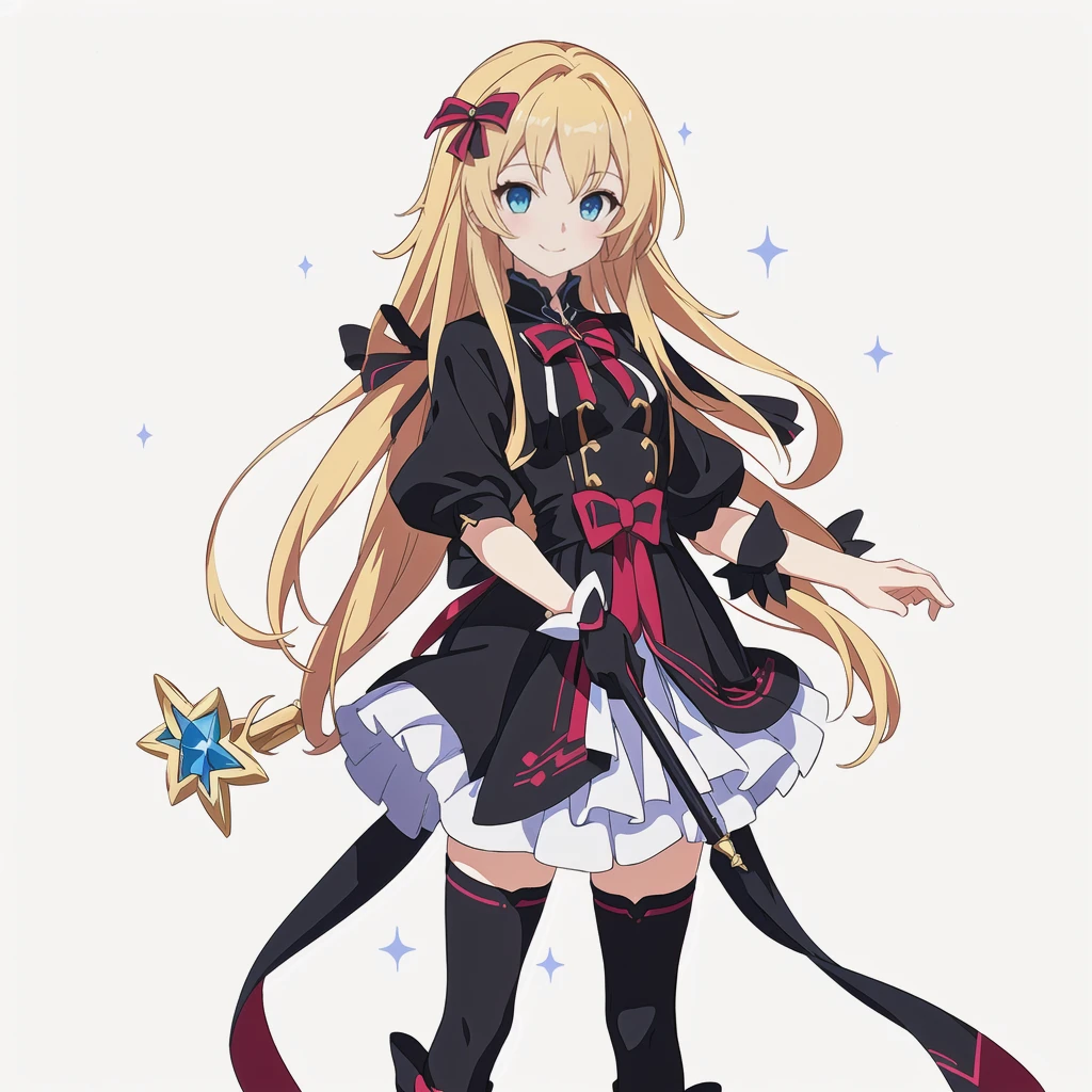Highest quality, high resolution, High quality anime art style, Perfect hands,Perfect Fingers.Official Art, Smooth anime CG art, Stylized anime, Cute 3D anime girl render, Visual Novel Sprites, White background, whole body, Anime-style 3D, Smooth anime CG art, humanoid woman, JRPG Characters, Magical Girl Style, Anime woman in a black dress with maroon ribbon, Black gloves, Blonde, Long Hair, Light blue eyes, smile, ((Carrying a decorated magic wand)), Small Bust, Small breasts, 15 years old,