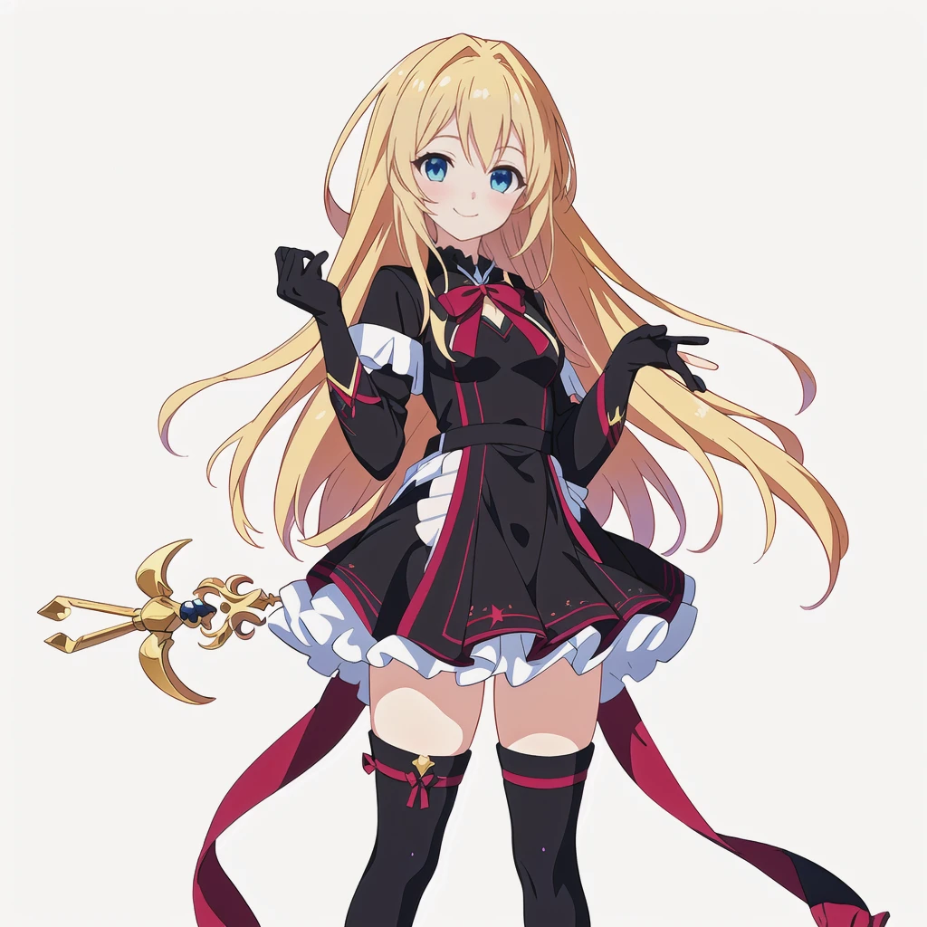 Highest quality, high resolution, High quality anime art style, Perfect hands,Perfect Fingers.Official Art, Smooth anime CG art, Stylized anime, Cute 3D anime girl render, Visual Novel Sprites, White background, whole body, Anime-style 3D, Smooth anime CG art, humanoid woman, JRPG Characters, Magical Girl Style, Anime woman in a black dress with maroon ribbon, Black gloves, Blonde, Long Hair, Light blue eyes, smile, ((Carrying a decorated magic wand)), Small Bust, Small breasts, 15 years old,