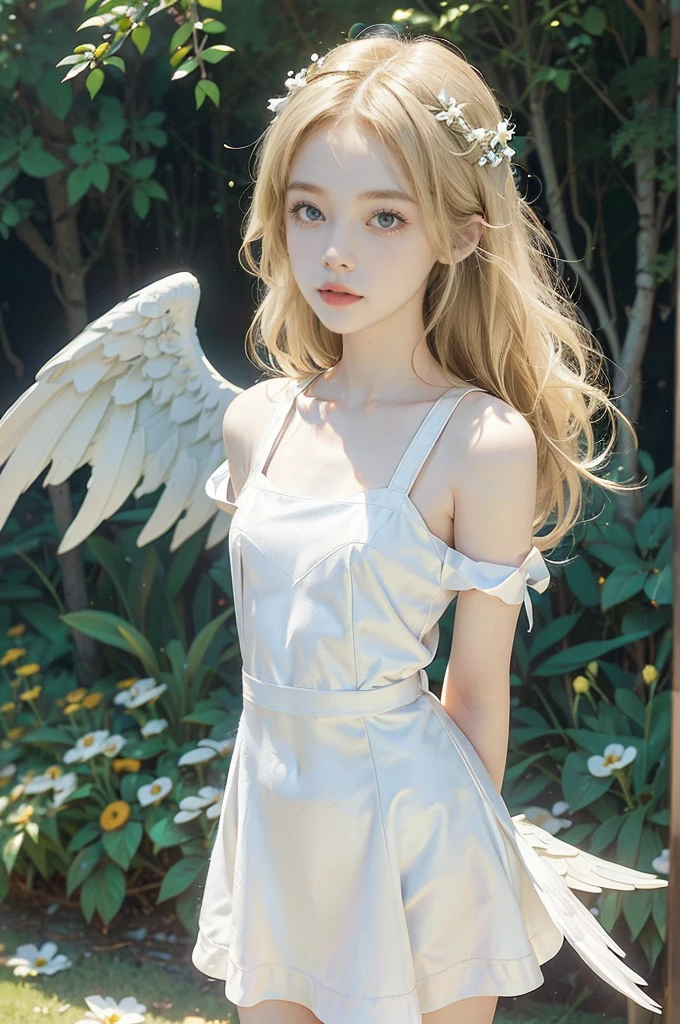 (((best quality))), (((ultra detailed))), (((masterpiece))), illustration,((1 beautiful ,solo,angel)),((fair skin,shoulder length straight blonde hair,blue eyes)),((slim,thin,small breasts,flat chest)),joyful expression,(white wings:1.3),(flowing short-sleeved white shirt-dress:1.3),In heaven, garden setting, vibrant flowers, lush grass, gentle breeze, clear sky, fluffy clouds, shining sun,((from front,standing,upper body,arms behind back))
