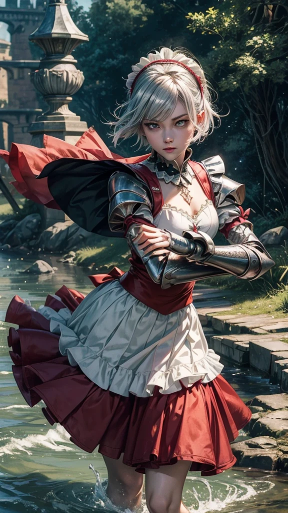 masterpiece, best quality, illustration, fighting pose, 1girl, noelle genshin impact, short silver hair, green eyes, maid skirt with red side parts, maid knight, maid knight armor, castle bridge, water,