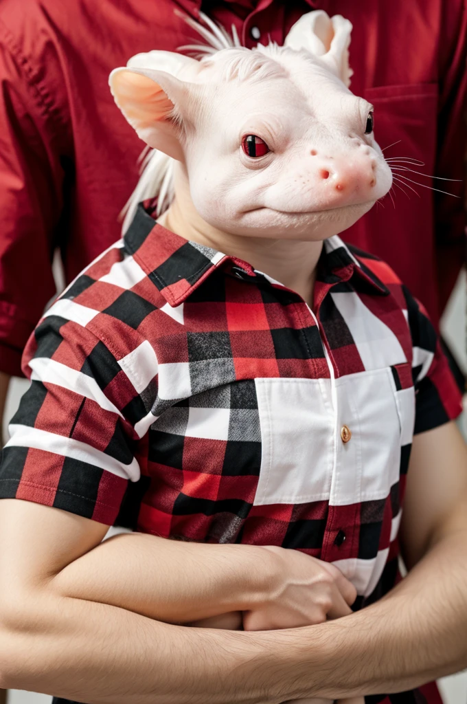 White axolotl with red and black checkered shirt