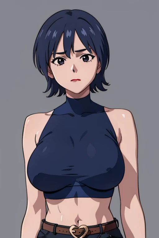 mikictr, 1girl, solo, black eyes, closed mouth, lipstick, large breasts, crop top, midriff, navel, upper body, standing, belt, blue short shorts, simple background