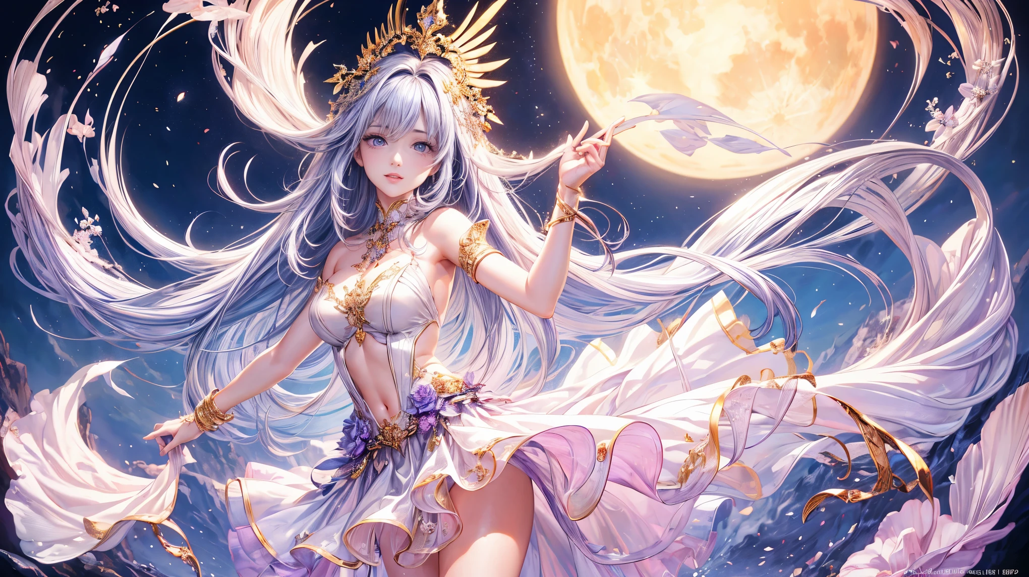 (Highest quality, 8K, CG), Beautiful and exquisite body,Lavender colored hair,Wavy Hair,beautiful girl,skirt,white, Fluffy long hair,Gradient Hair, Purple eyes, Exquisite eye makeup, 長さ eyelashes fluttering, Delicate lip detail, Soft and harmonious style,Exposed shoulders, bracelet,Suspended particles, Dynamic pose,One Girl,Glamour,sexy,Wearing a circlet,Wearing Jewelry,Lip gloss, (Accurate Arm, Five Fingers, Accurate legs), Ultra-high resolution, Ultra-realistic, Very detailed, Golden Ratio, Photorealistic Anime Girl Rendering, ((Beautiful smile)), Exposed shoulders, Dynamic Angle,magic,A sad expression,mysterious,Moon Goddess