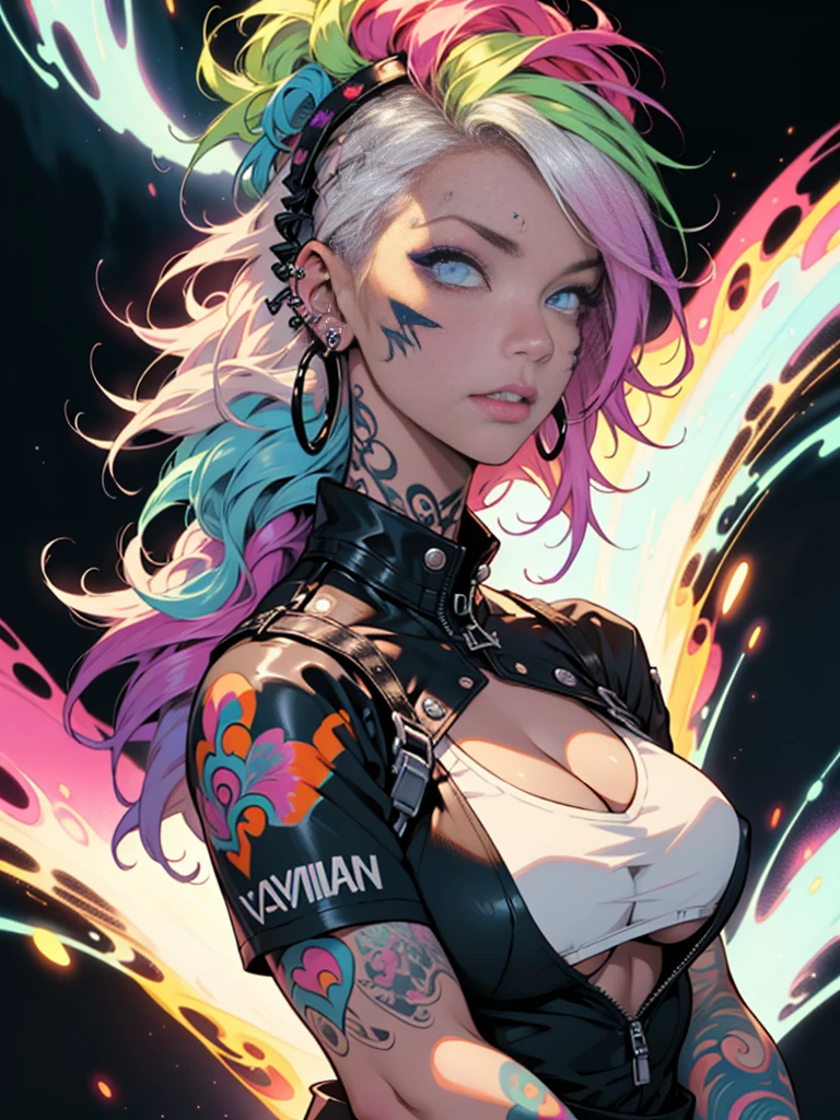 (masterpiece, top quality, best quality, official art, beautiful, cosmic, atmospheric, psychedelic, dreamlike and aesthetic, swirling psychedelic cosmic graffiti patterns:1.2), (1girl), extreme detailed,(fractal art:1.3),colorful,highest detailed, "(Best Quality, 8K, 32K, masutepiece:1.3), Ultra-detailed, (Photorealistic:1.4), pink and white colors, perfect color scheme, albino, Punk rock Girl, Detailed moonlight eyes, full body portrait, Luxurious neon white punk hair, Edgy Harajuku-inspired punk rock fashion, super huge enormously gigantic tits, cleavage showing, Avant-garde makeup, Numerous piercings, Heavily tattooed body, swirling psychedelic cosmic dreamlike graffiti pattern background