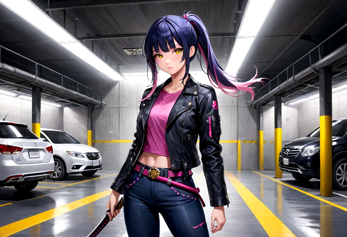 Adult Asian woman with pink eyes and dark blue, yellow hair in a ponytail with bangs that go down to her nose divided into three strands, with part of one of the strands of the bangs being dyed pink, She wears a black leather jacket with a purple shirt underneath and a katana on her waist with dark gray jeans and black leather boots in a secret base in an underground parking lot 