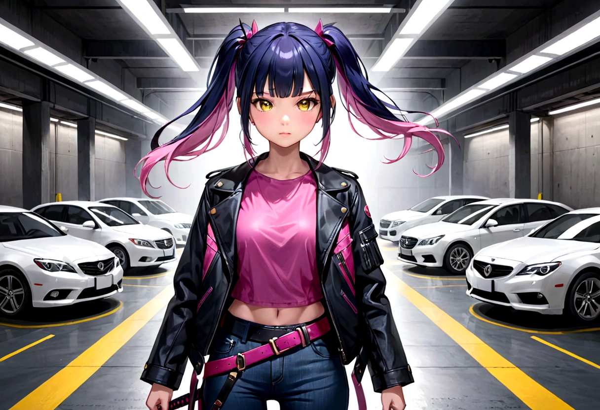 Adult Asian woman with pink eyes and dark blue, yellow hair in a ponytail with bangs that go down to her nose divided into three strands, with part of one of the strands of the bangs being dyed pink, She wears a black leather jacket with a purple shirt underneath and a katana on her waist with dark gray jeans and black leather boots in a secret base in an underground parking lot 
