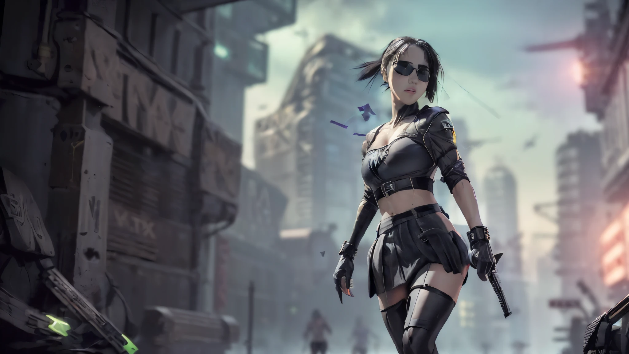 dark futuristic landscape, at night, neon lights, Atmospheric fog, large buildings in the background, futuristic city, busy streets with open shops, Ruined buildings, skyscraper (postapocalyptic city:1.3). at night, (((Matrix style cascading code))), (1woman, solo, perfect body), photo realistic, (large-breast:1.1 slim body, cleavage), (((tube top, extreamly short pleated (((((miniskirt))))) exposing panty))), (((((((matrix style black sunglasses))))))), (((((((sprinting with a (pistol), looking at camera))))))), (((half-body (thigh level) medium shot))), cinematic lighting.