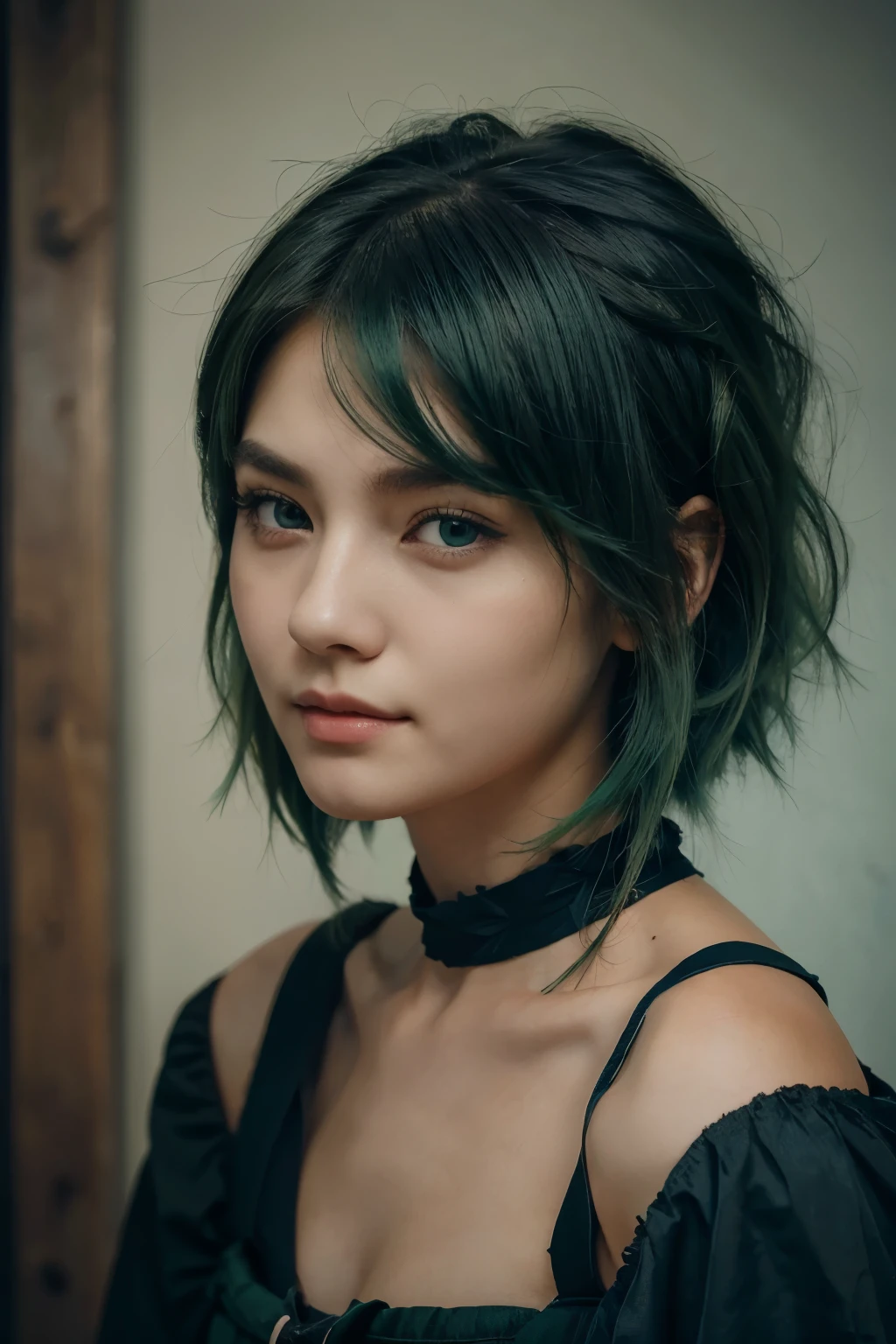 a girl with long wolf cut hairstyle, darkgreen green hair, facing forward, with a cool smirk, beautiful face, masterpiece, best quality, boyish clothing, korean girl, dark blue green eyes, masterpiece, portrait.